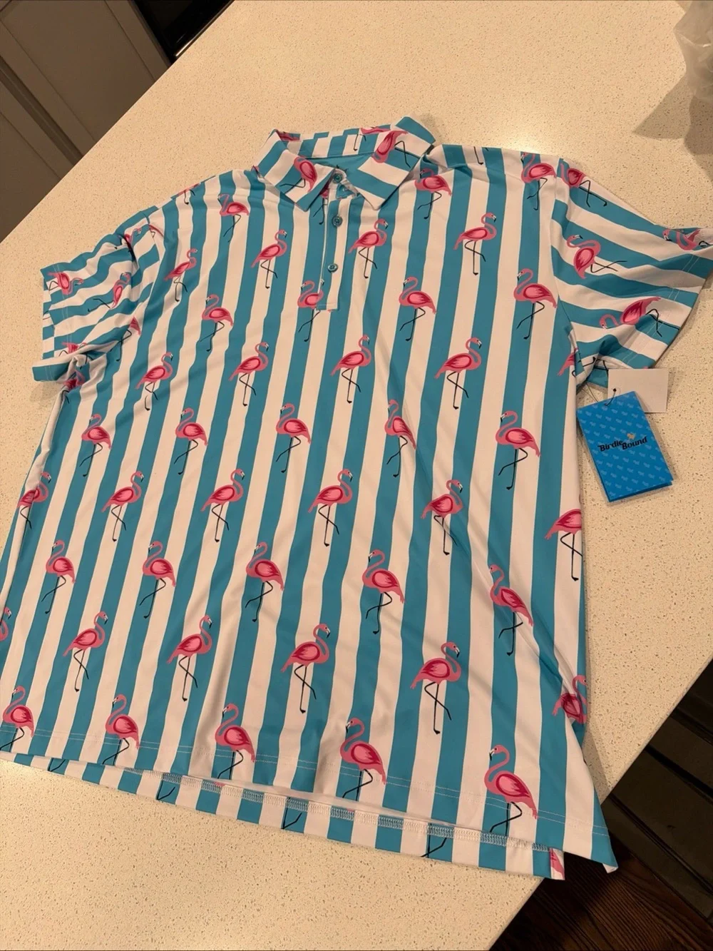 Mens Birdie Bound Blue and White Stripe Flamingo Golf Polo Shirt 2XL